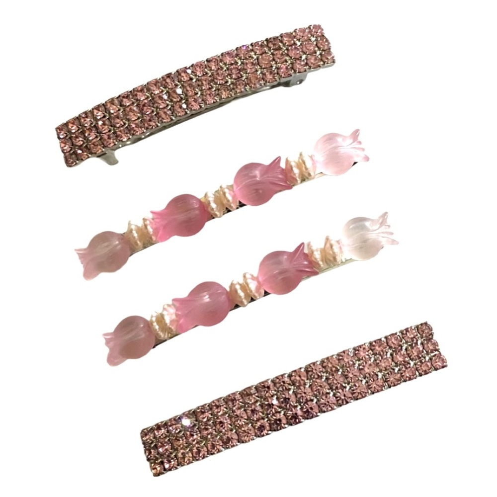 Four *Think Pink*  Sparkling Crystal & Floral Barrettes